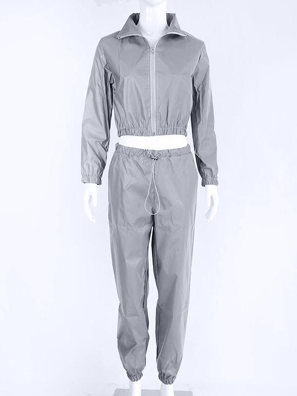 Solid Long Sleeve Jacket And Drawstring Sport Pants Suits