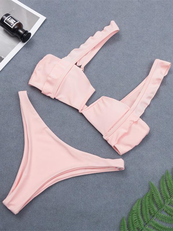 Falbala Solid Color Bikini Swimsuit