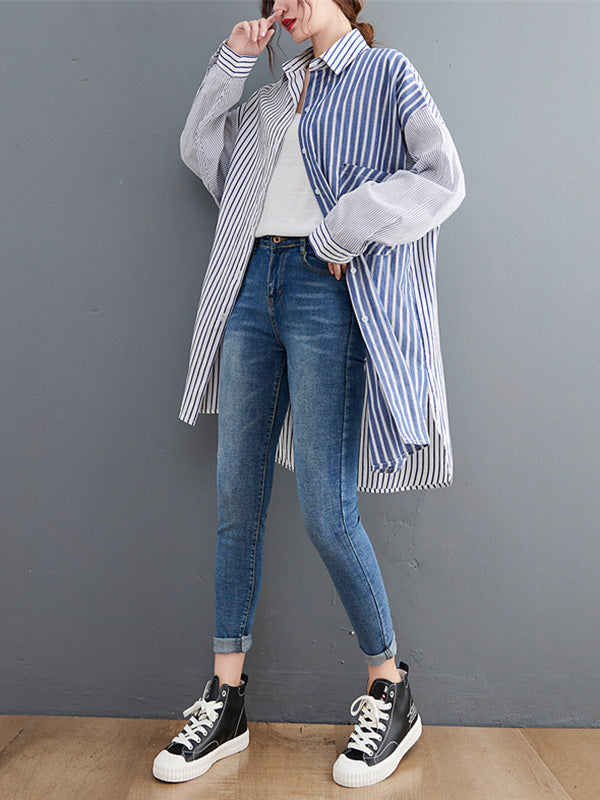 Artistic Retro Loose Striped Split-Joint With Pocket Buttoned Split-Side High-Low Lapel Collar Long Sleeves Blouse