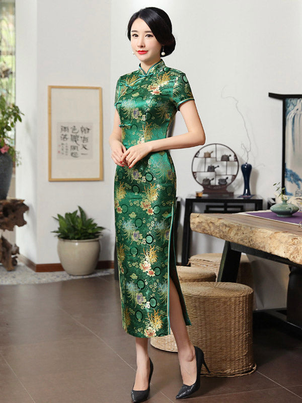 Vintage Split-Side Floral Printed Short Sleeves Long Cheongsams