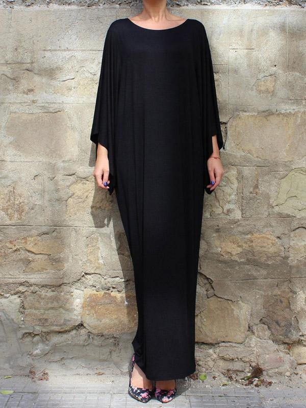 Black Simple Flared Sleeves Round-neck Long Dress