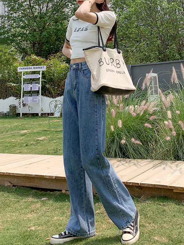 Simple High Waisted Wide Leg Jean Pants Bottoms