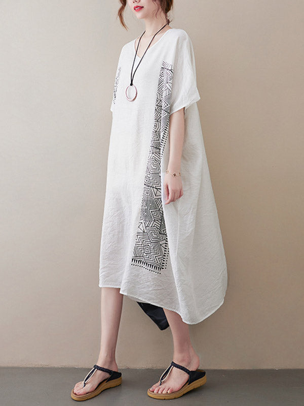 National Printed Batwing Sleeves Round-Neck Loose Midi Dress