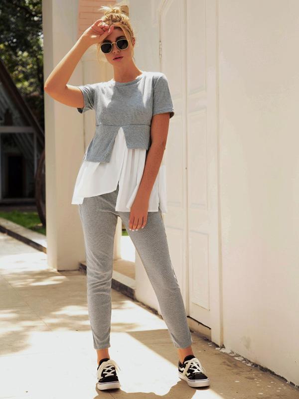 Falbala Split-joint Cropped Tee&Pants Sports Suits