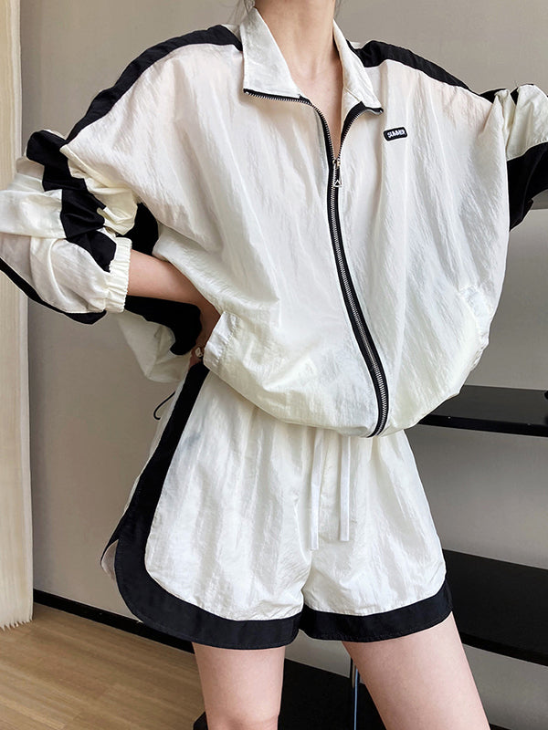 Original Casual Sports Sun-Protection Contrast Color Zipper Outwear&Shorts 2 Pieces Set