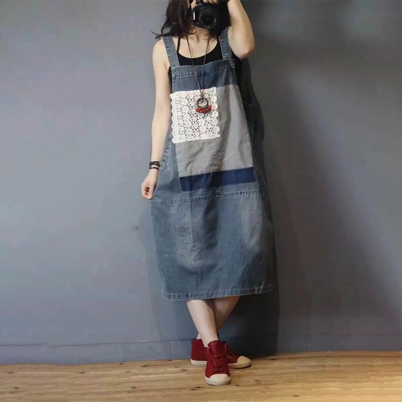 Denim Spliced Patchwork Washed Suspenders Dress