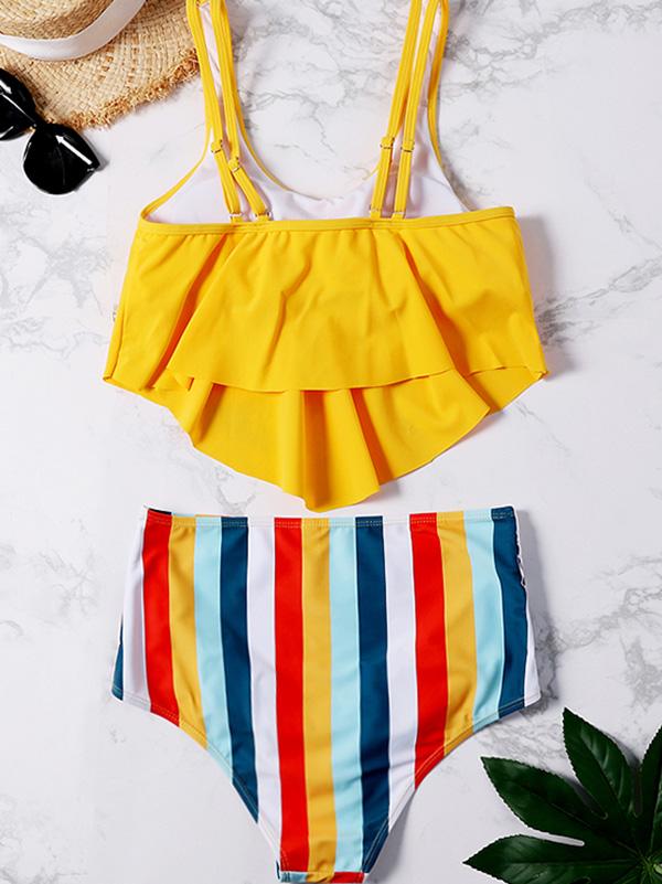 Plain Ruffle Top With Stripe Panty Bikini Set