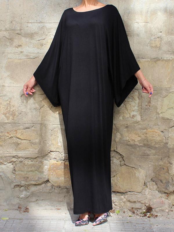 Black Simple Flared Sleeves Round-neck Long Dress