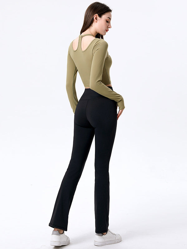 Wrap Hollow Long Sleeves Tees&Flared Leggings Suits