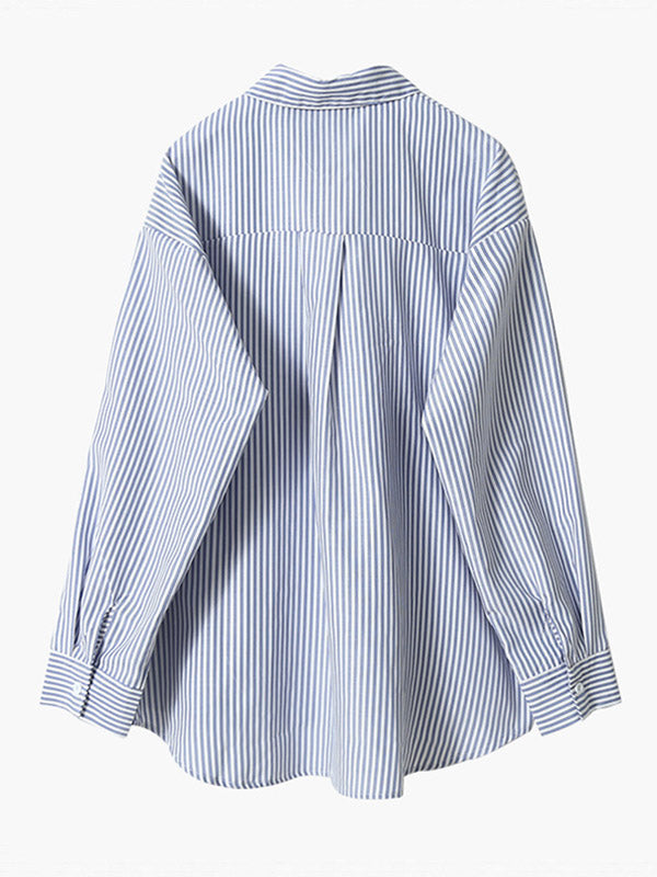 Simple Striped Buttoned Lapel High-Low Long Sleeves Blouse Tops