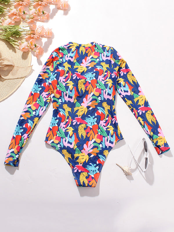 Long Sleeve Printed Zipper One-Piece Wetsuit Swimwear