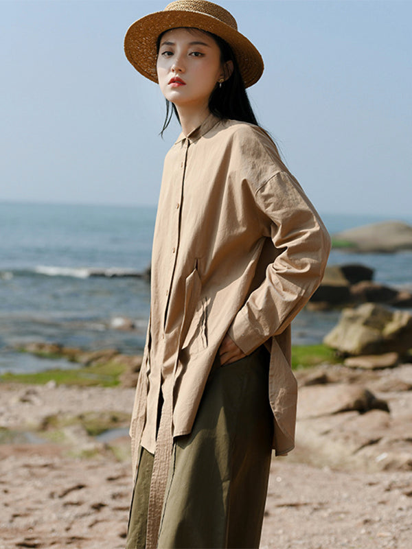 Artistic Retro Loose Long Sleeves Buttoned Tied Solid Color Stand Collar Blouses&Shirts Tops