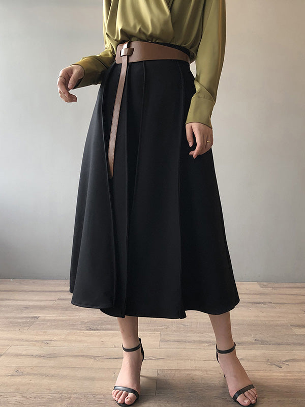 Simple Loose Solid Color Pleated A-Line High-Waist Long Skirt