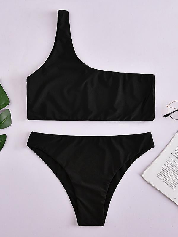 Sexy Single Shoulder Solid Color Split Bikini Swimsuit