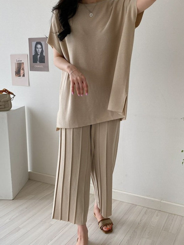 Casual Solid Color Split-Side Round-Neck Batwing Short Sleeves T-Shirt+Pleated Wide Leg Pants 2 Pieces Set