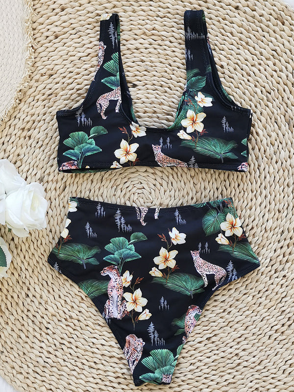 High Waisted Leopard Flower Print Bikini Swimsuit