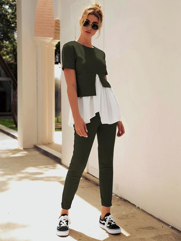 Falbala Split-joint Cropped Tee&Pants Sports Suits