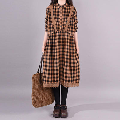 Buykud Lace Spliced Plaid Dot Loose Casual Dress