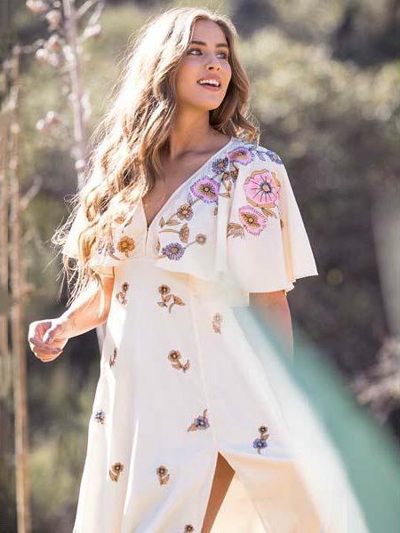 Floral Falbala Sleeves V-neck Maxi Dress