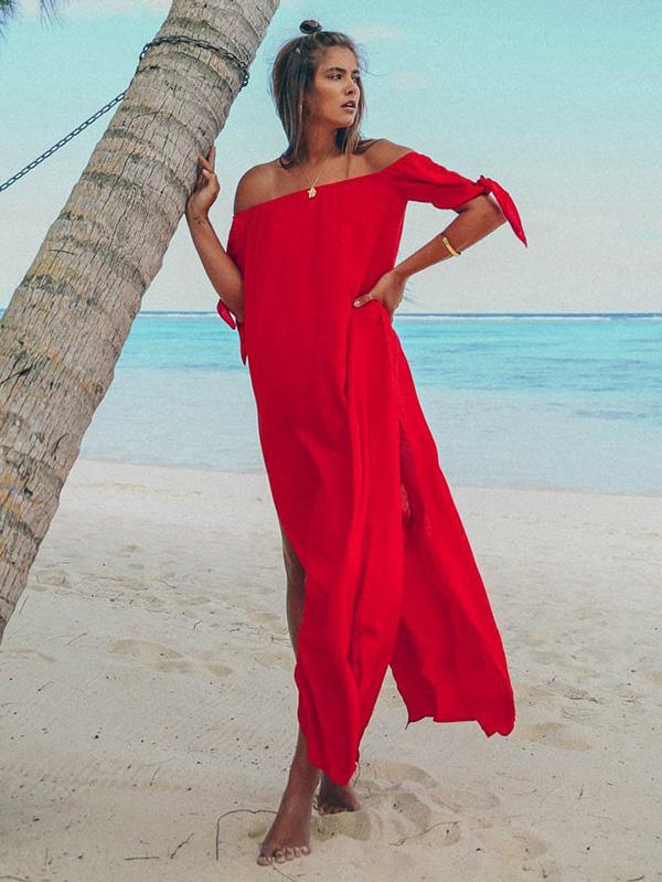 Off Shoulder Split-side Solid Beach Maxi Dresses