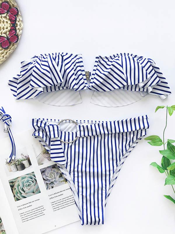 Falbala Striped-Print Split Bikini Swimsuit