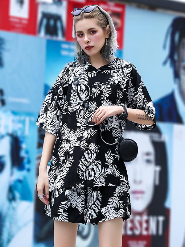 Loose Hooded Floral Printed T-shirt And Shorts Suits