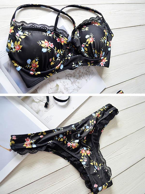 Floral-Print Hollow Split Bikini Swimsuit