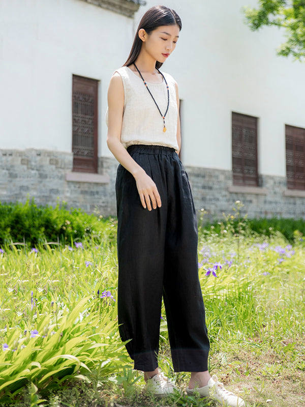 Casual Loose Solid Color High Waisted Cropped Pants