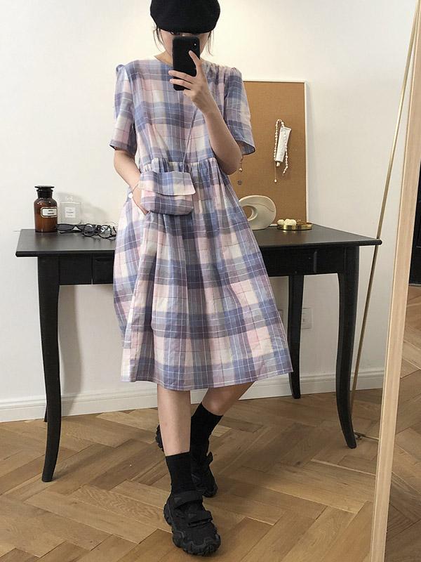 Vintage Plaid Puff Sleeves Dress