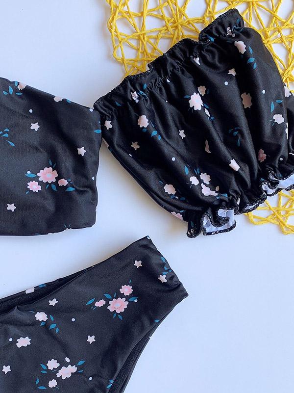 Floral-Print Off-The-Shoulder  Split Bikini Swimsuit