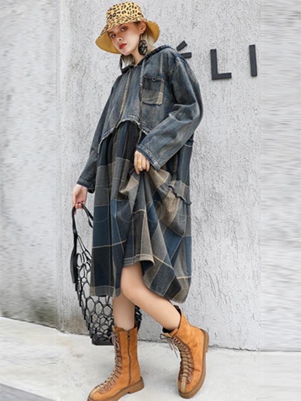 Vintage Plaid Split-joint Hoodie Midi Dress