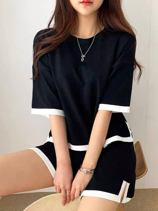 Casual Split-Side Round-Neck Half Sleeves T-Shirt+Shorts 2Pieces Set