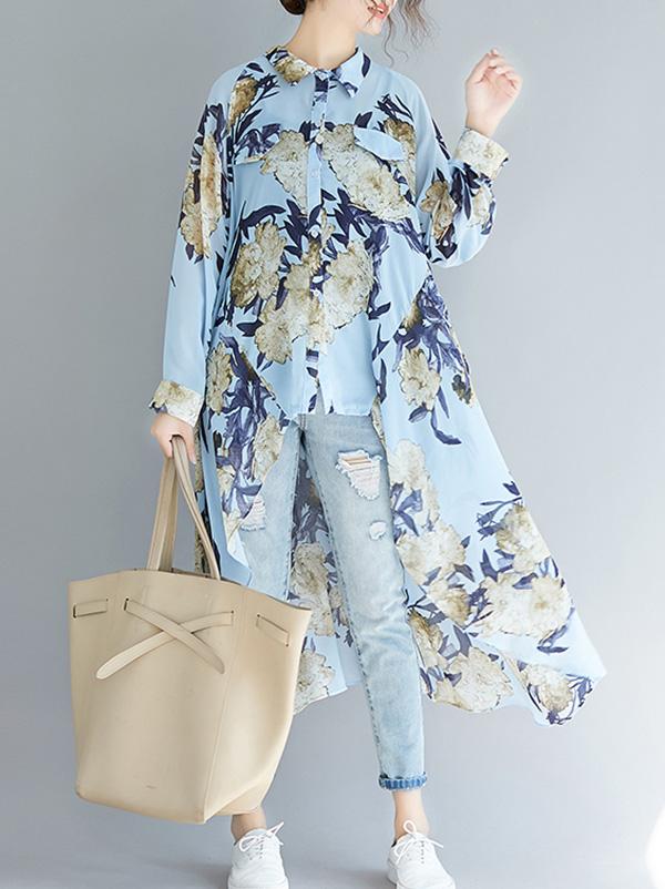 Loose Cropped Flower Printed Long Shirt