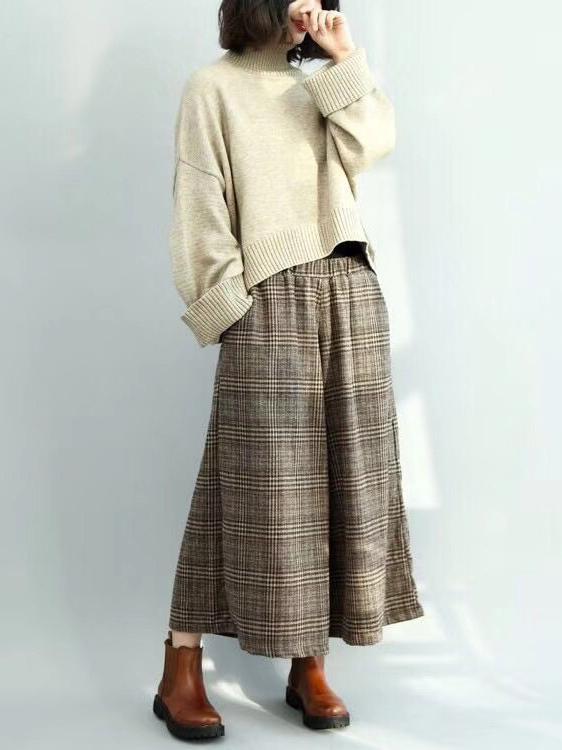 Loose Plaid Elastic waist  Wide leg Pants