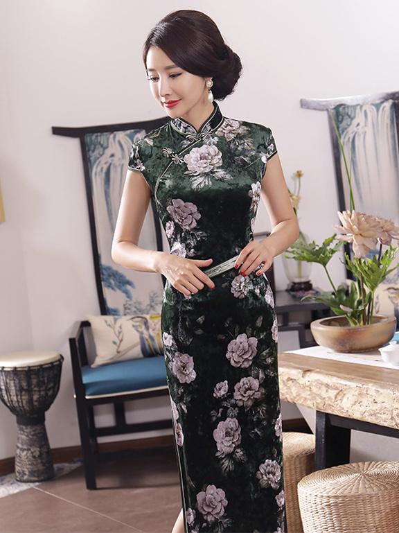 Velvet Ink Green Peony Print Long Cheongsam Dress