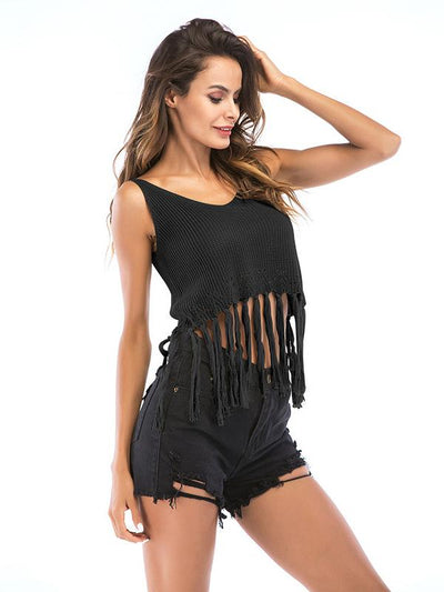 2019 Short Style Sleeveless Fringed Top