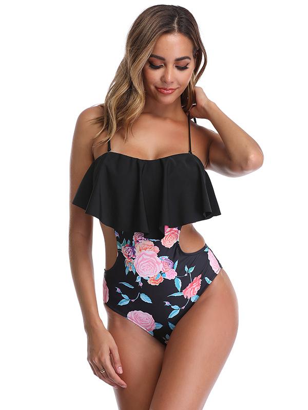 Sexy Strapless Hollow Flounces One-Piece Swimwear