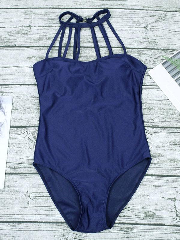 Plain Straps Backless One-Piece Swimwear