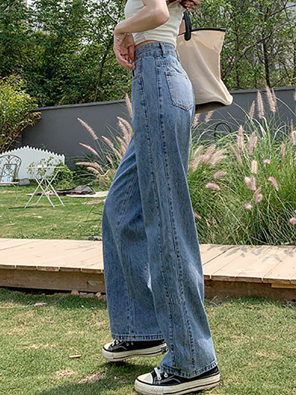 Simple High Waisted Wide Leg Jean Pants Bottoms