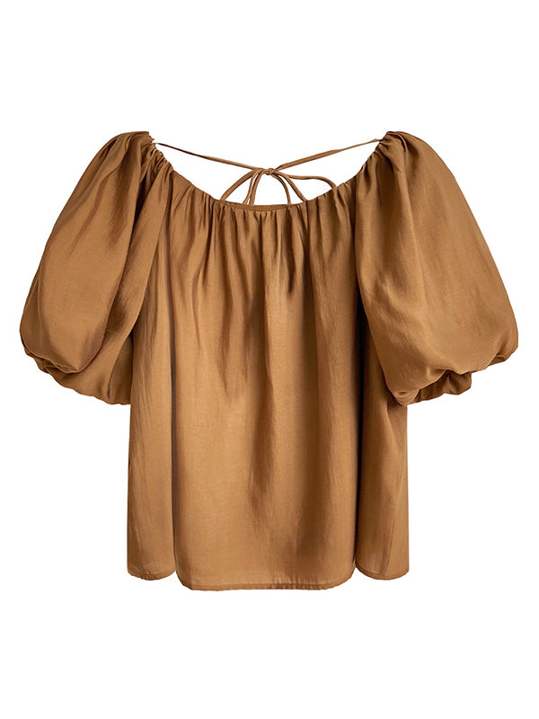 Original Off-The-Shoulder Solid Color Pleated Puff Sleeves Tunic Top