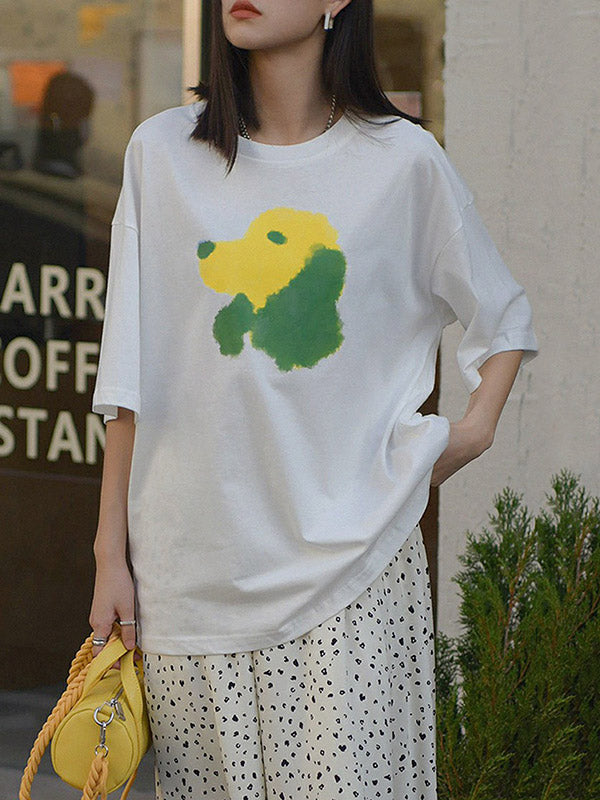 Oversized Contrast Color Dog Printed T-Shirt