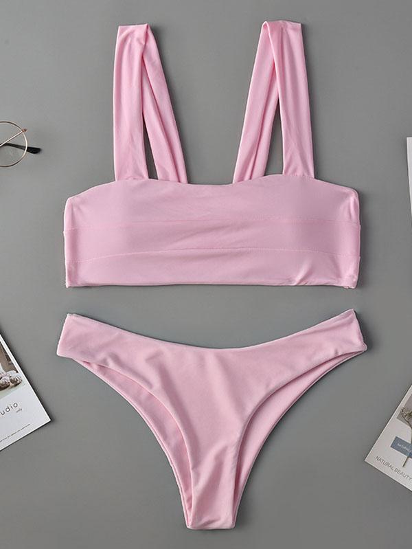 Sexy Strapless Solid Color Split Bikini Swimsuit