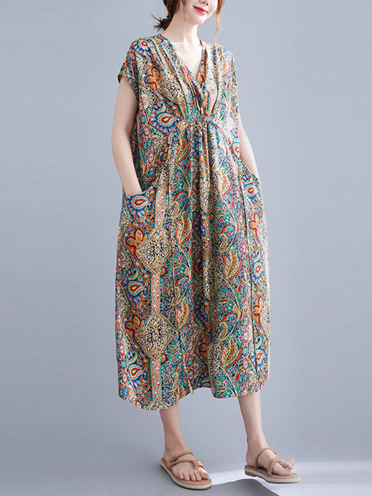 Original Artistic Retro Loose Floral Printed Vacation Midi Dress