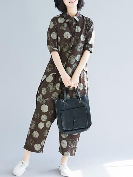 Loose Polka-Dot High-low Lapel Blouse&Pants Suits