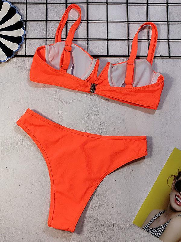 Ribbed V-Wired Plain Bikini Swimsuit