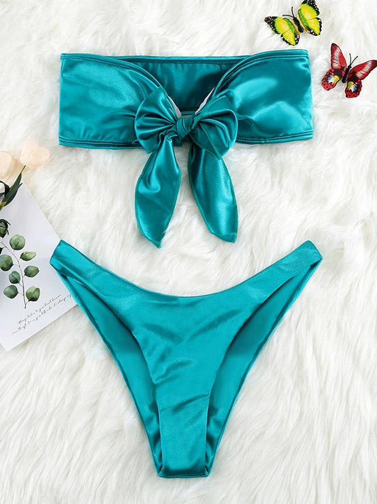 Sexy Strapless  Bandage  Bow Silk Clear Color Split Type Bikini Swimsuit