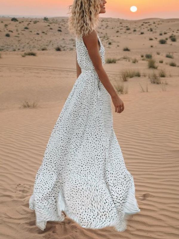 Pretty Bohemia Polka-dot  V Neck Maxi Dress