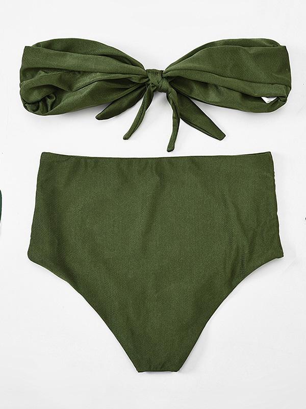 Armygreen Bandeau Knotted Split Bikini Swimsuit