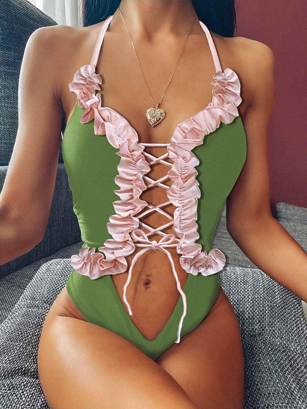 Falbala Lace-Up Backless One Piece Swimwear