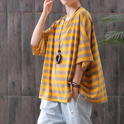 Cotton Striped Round Neck Casual Blouse